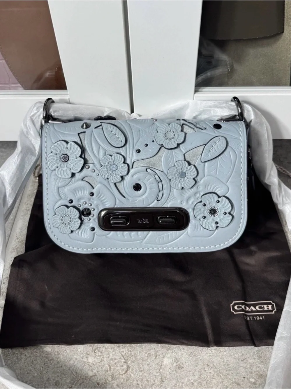 Coach Pale Blue Floral Leather Crossbody with Gunmetal Chain - Picture 4 of 13